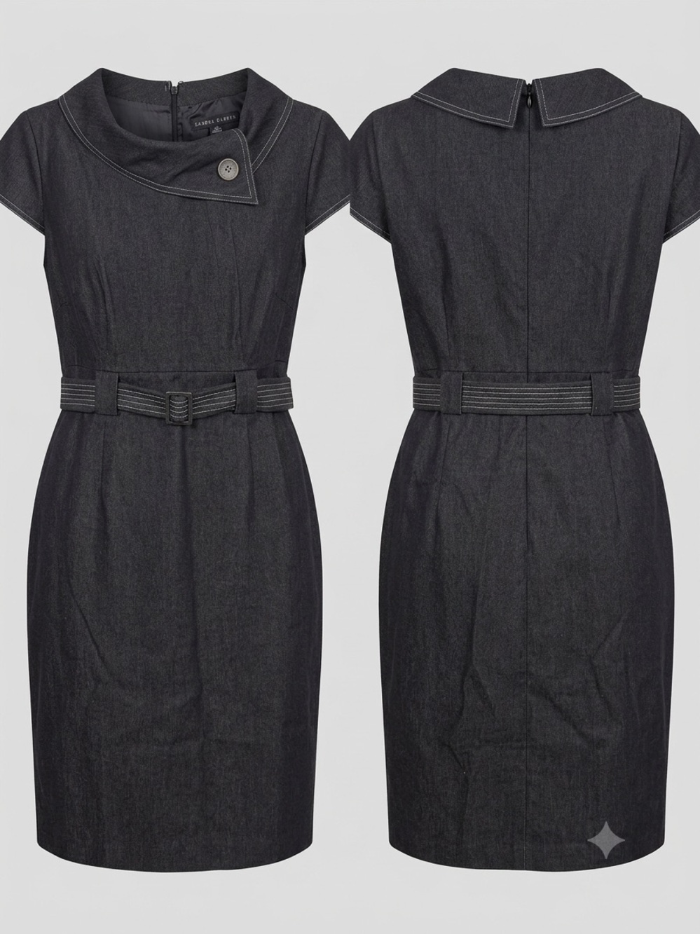 Sandra Darren Dark Charcoal Cap-Sleeve Belted Sheath Dress